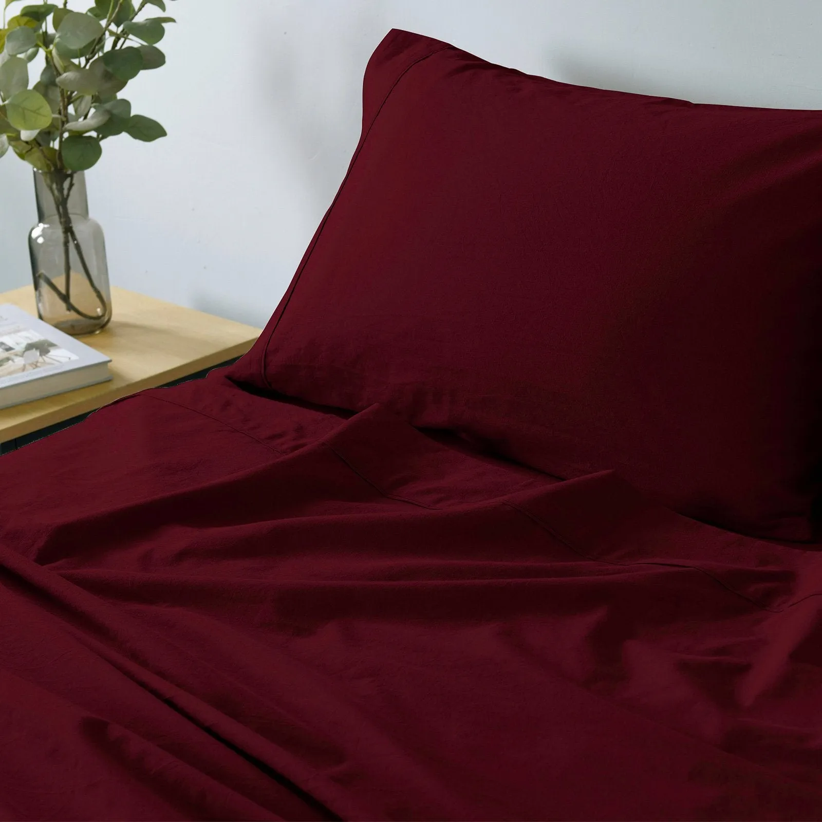 Royal Comfort Vintage Washed 100% Cotton Sheet Set Fitted Flat Sheet Pillowcases Double Mulled Wine