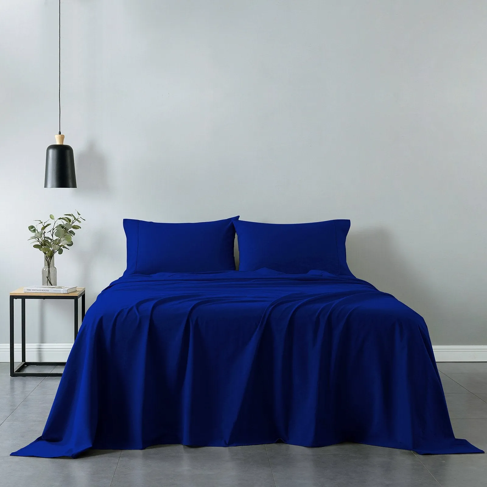 Royal Comfort Vintage Washed 100% Cotton Sheet Set Fitted Flat Sheet Pillowcases Double Royal Blue