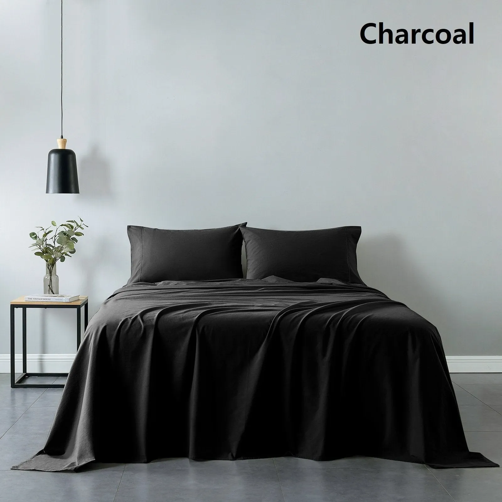 Royal Comfort Vintage Washed 100% Cotton Sheet Set Fitted Flat Sheet Pillowcases King Charcoal