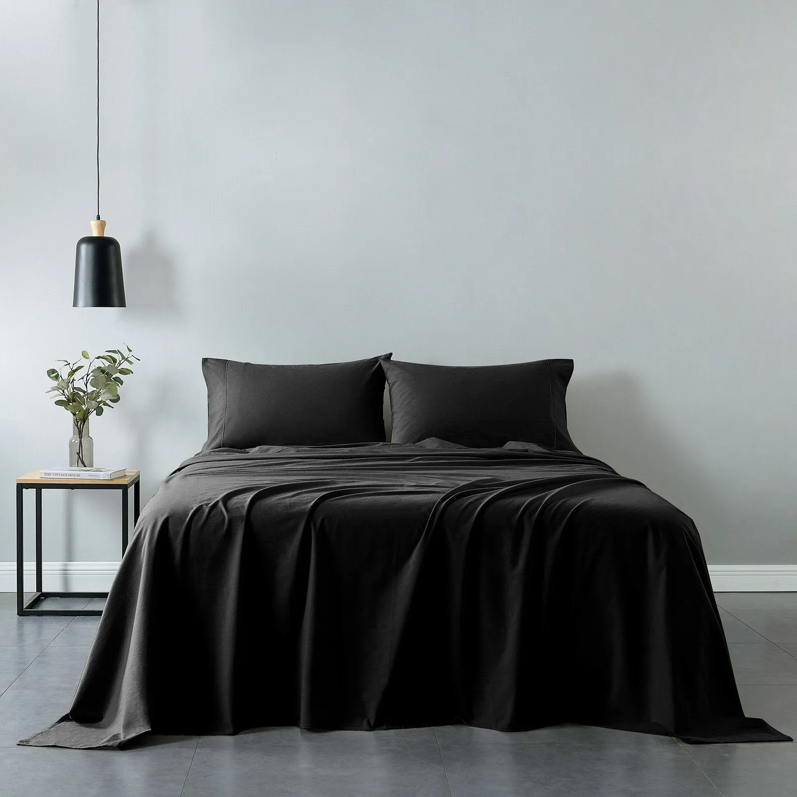 Royal Comfort Vintage Washed 100% Cotton Sheet Set Fitted Flat Sheet Pillowcases King Charcoal