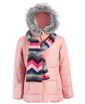 S Rothschild & Co Big Girls Solid Quilted Puffer Jacket and Scarf Set - Rose