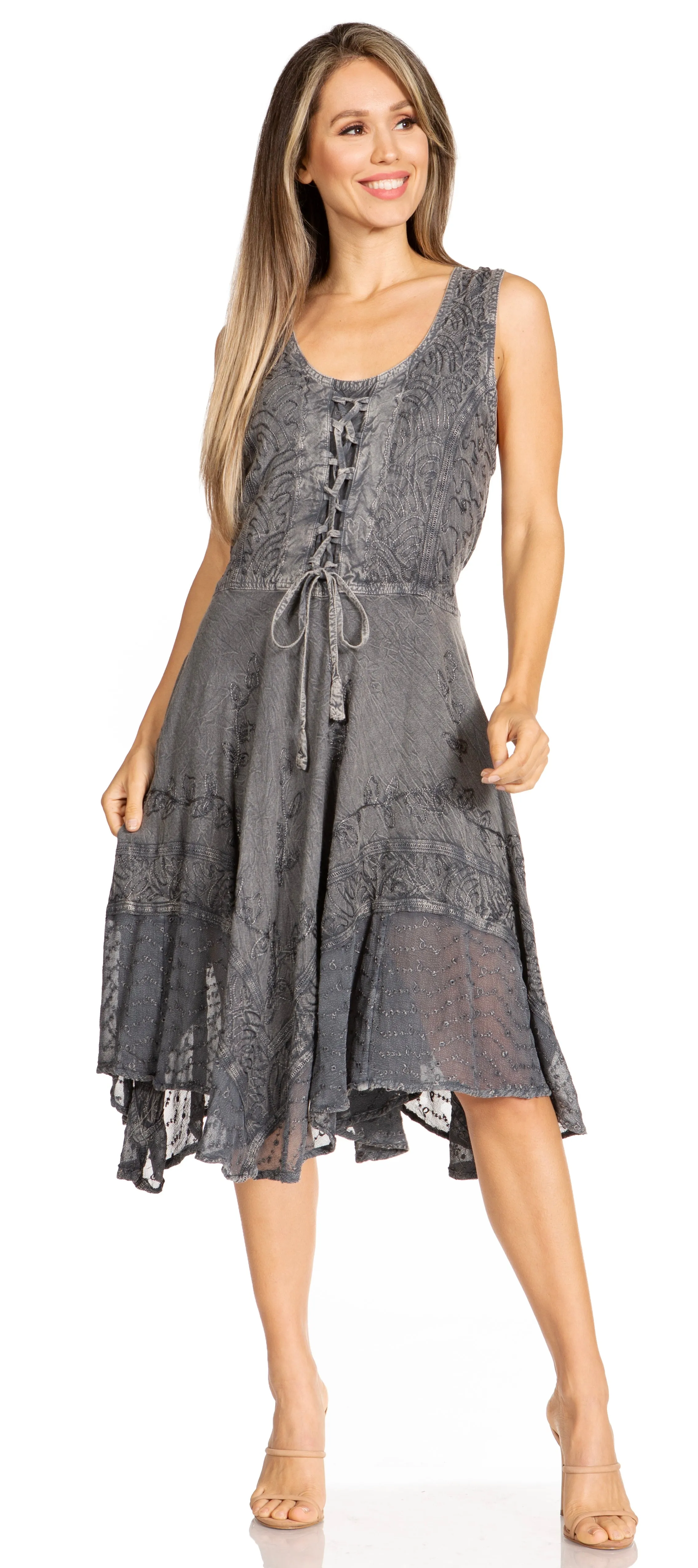 Sakkas Magdilena Stonewashed Corset Front Embroidered Dress