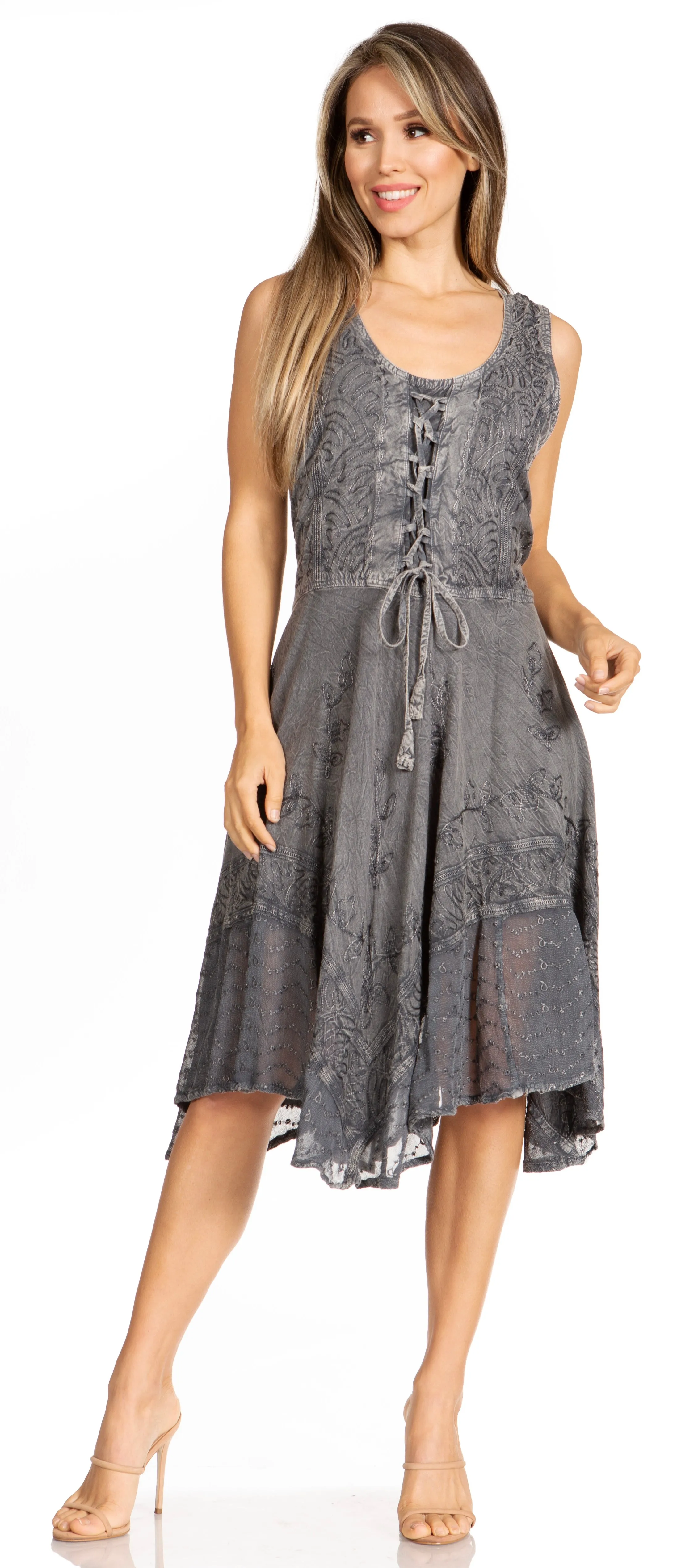 Sakkas Magdilena Stonewashed Corset Front Embroidered Dress