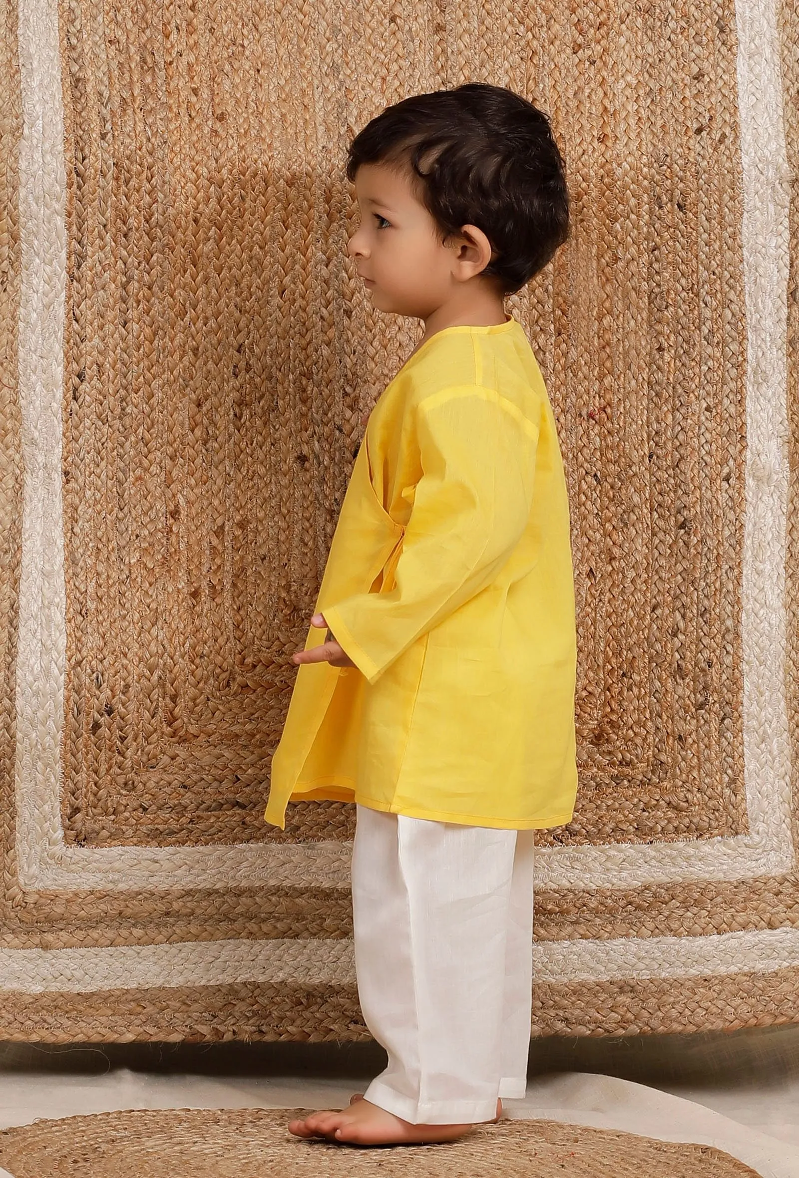 Set Of 2: Yellow Wrap Around Mul Mul Kurta With Off-white Mul Mul Pant