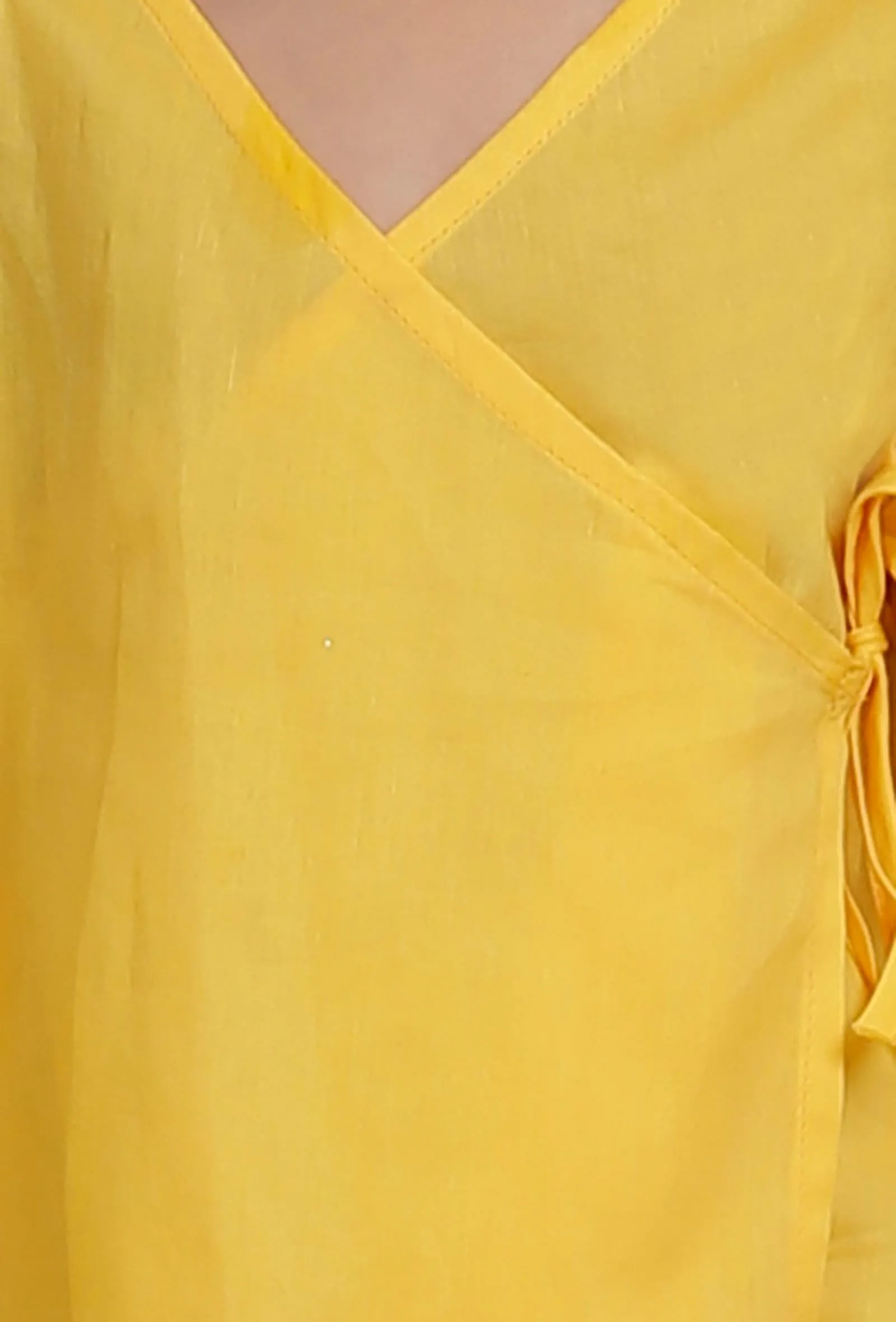 Set Of 2: Yellow Wrap Around Mul Mul Kurta With Off-white Mul Mul Pant