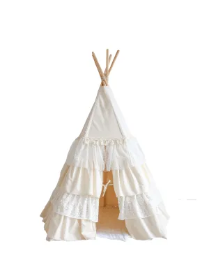 „Shabby Chic“ Tipi mit Rüschen und Leinenblattmatte „Weiß“ – Beige, Weiß