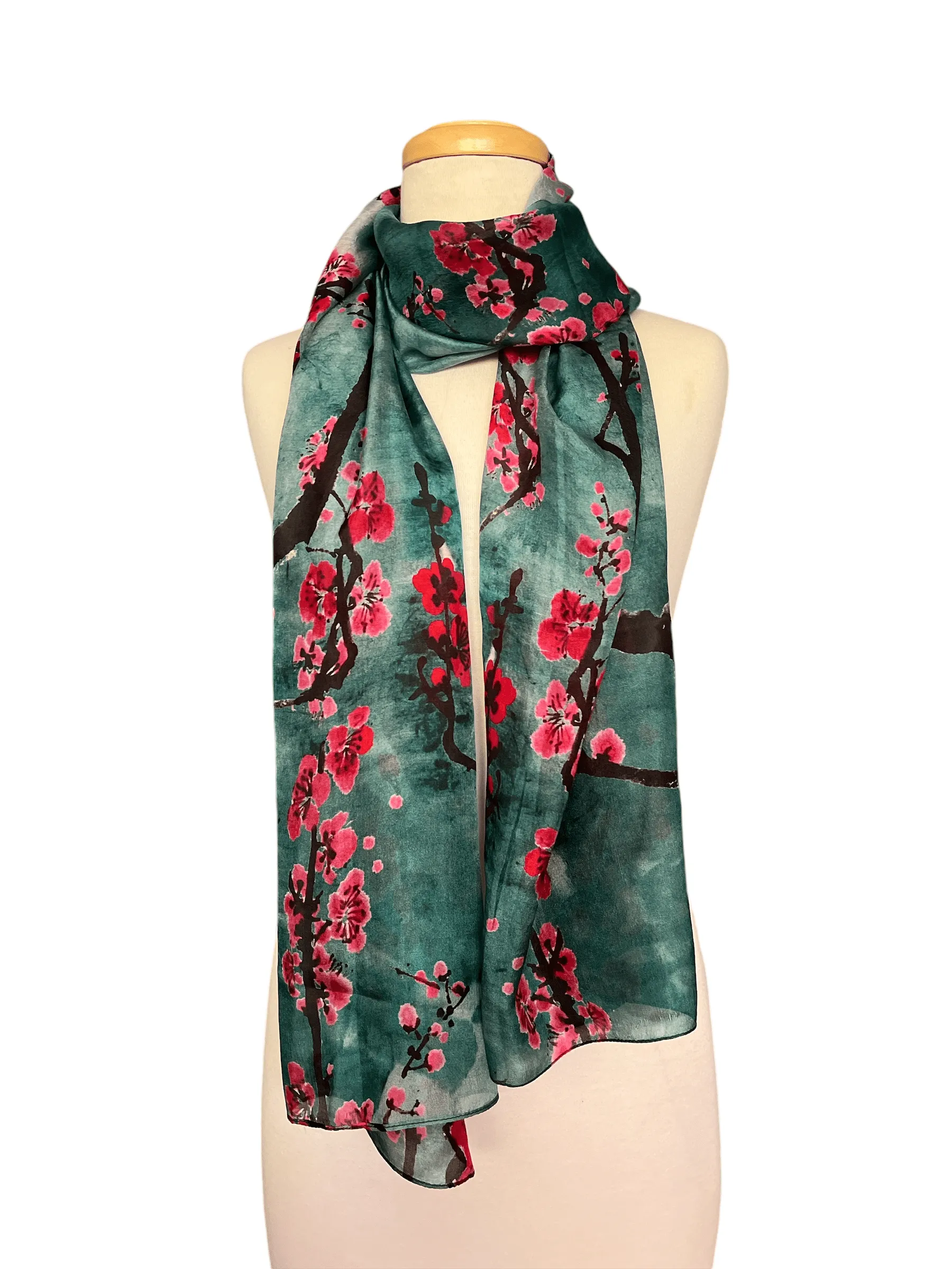 Silk Scarf - Cherry Blossom on Teal