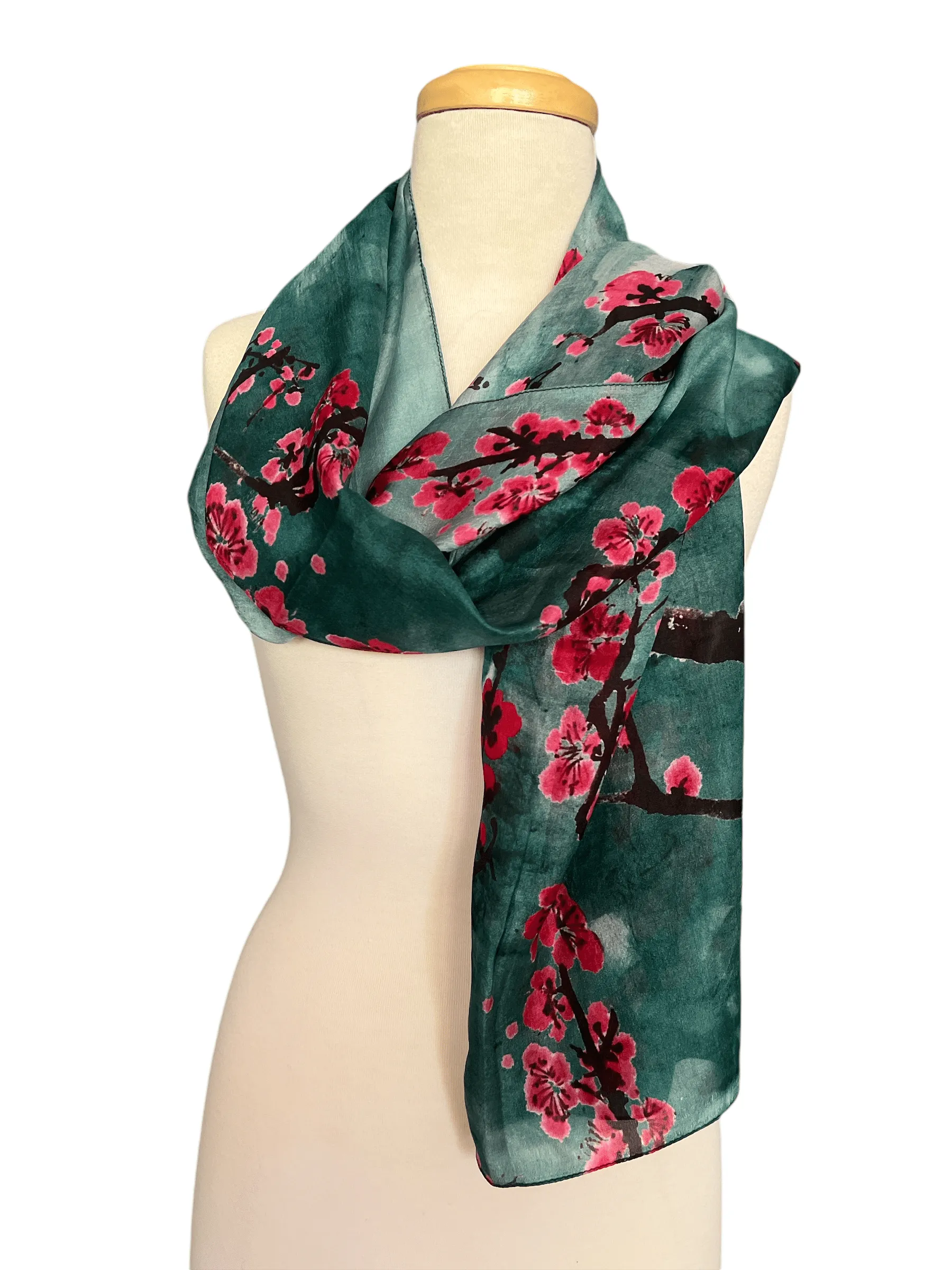 Silk Scarf - Cherry Blossom on Teal