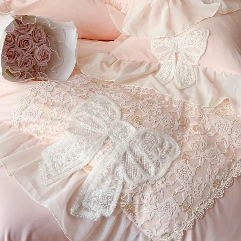 SINOTAO  -  French Romantic Lace Patchwork Ruffles With Bow Decoration Bedding Set Soft Cozy Pink Girls Duvet Cover Set Bed Sheet Pillowcase