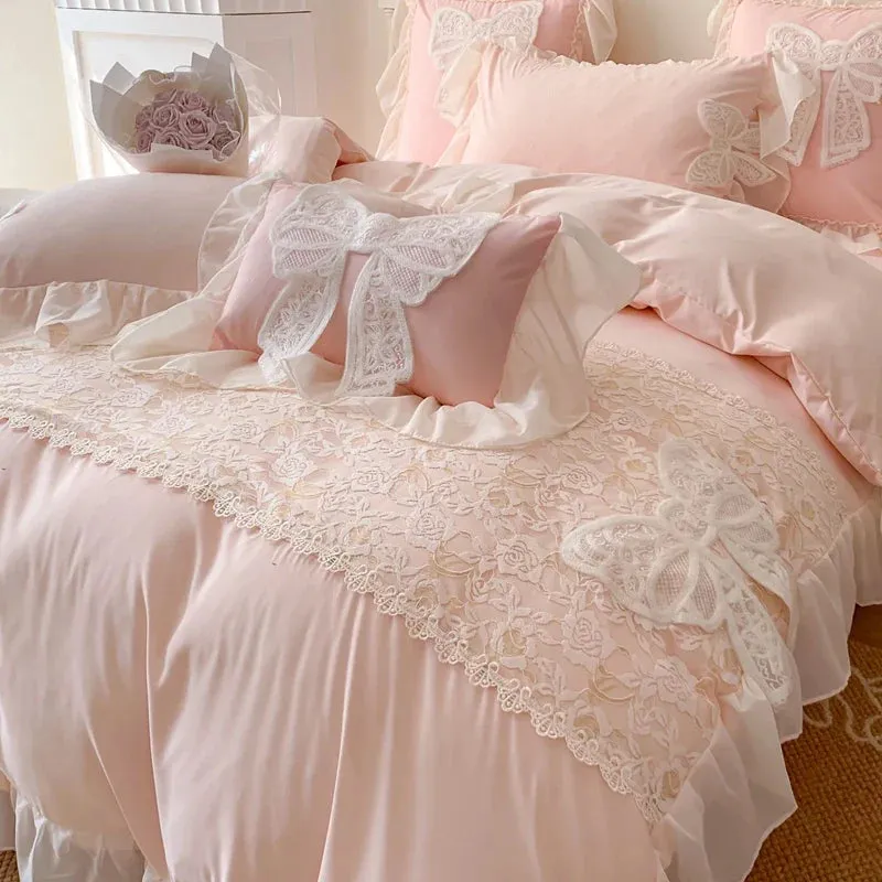 SINOTAO  -  French Romantic Lace Patchwork Ruffles With Bow Decoration Bedding Set Soft Cozy Pink Girls Duvet Cover Set Bed Sheet Pillowcase