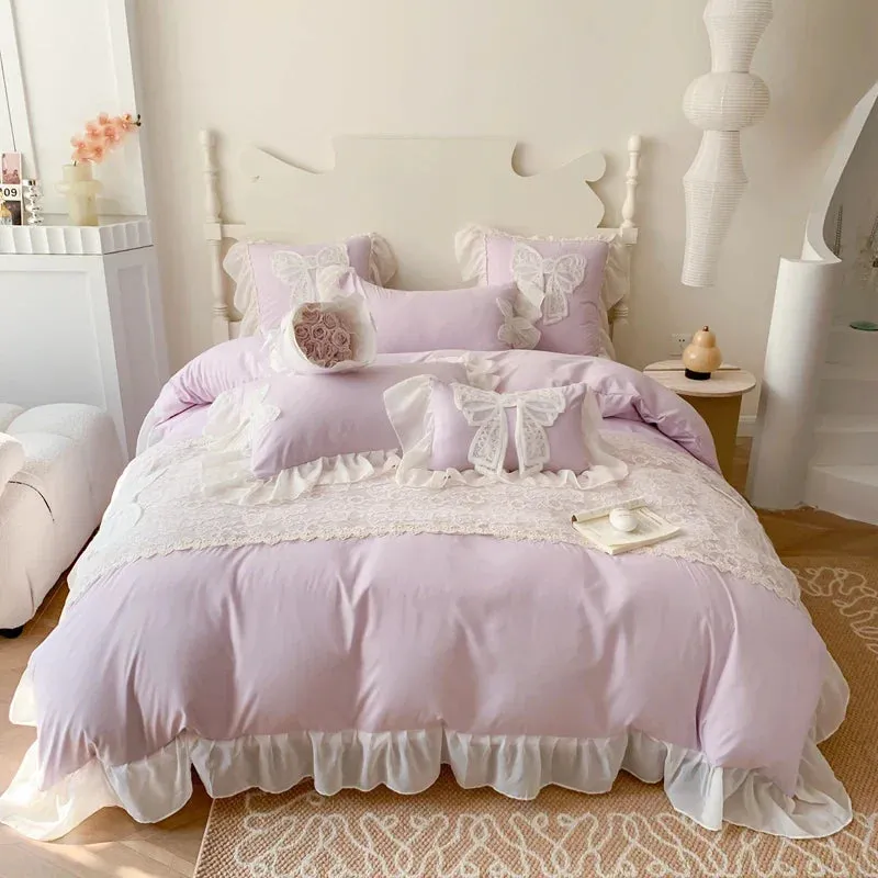 SINOTAO  -  French Romantic Lace Patchwork Ruffles With Bow Decoration Bedding Set Soft Cozy Pink Girls Duvet Cover Set Bed Sheet Pillowcase