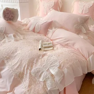 SINOTAO  -  French Romantic Lace Patchwork Ruffles With Bow Decoration Bedding Set Soft Cozy Pink Girls Duvet Cover Set Bed Sheet Pillowcase