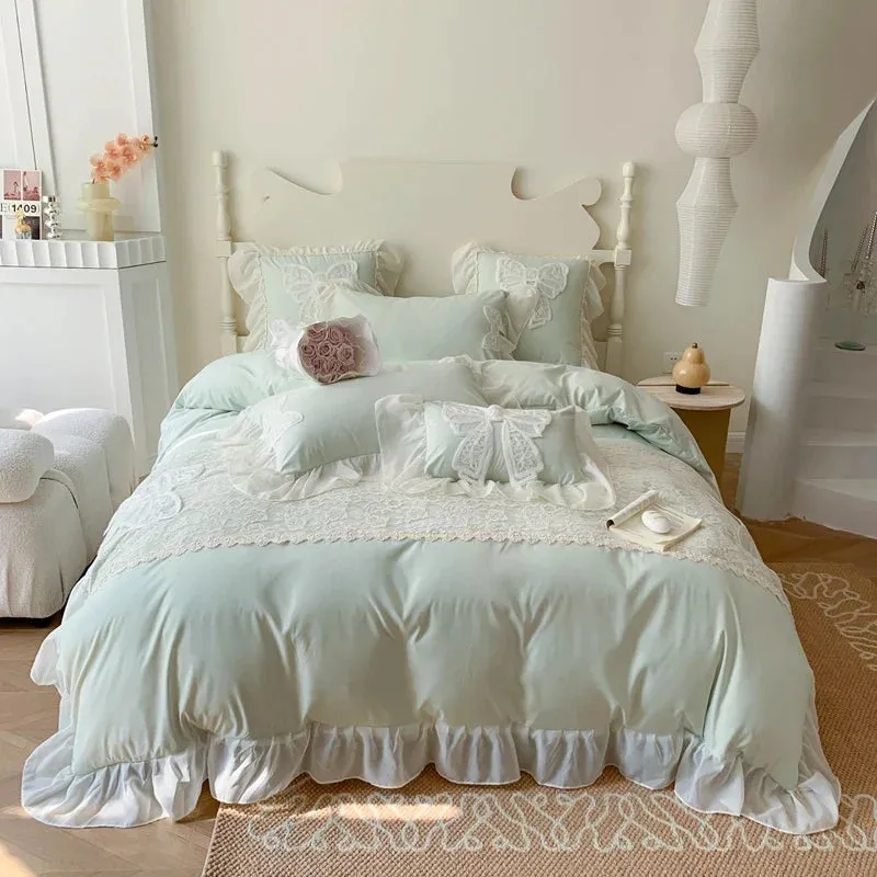 SINOTAO  -  French Romantic Lace Patchwork Ruffles With Bow Decoration Bedding Set Soft Cozy Pink Girls Duvet Cover Set Bed Sheet Pillowcase