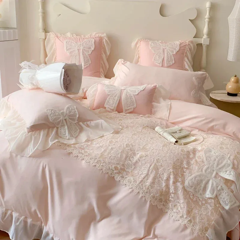 SINOTAO  -  French Romantic Lace Patchwork Ruffles With Bow Decoration Bedding Set Soft Cozy Pink Girls Duvet Cover Set Bed Sheet Pillowcase