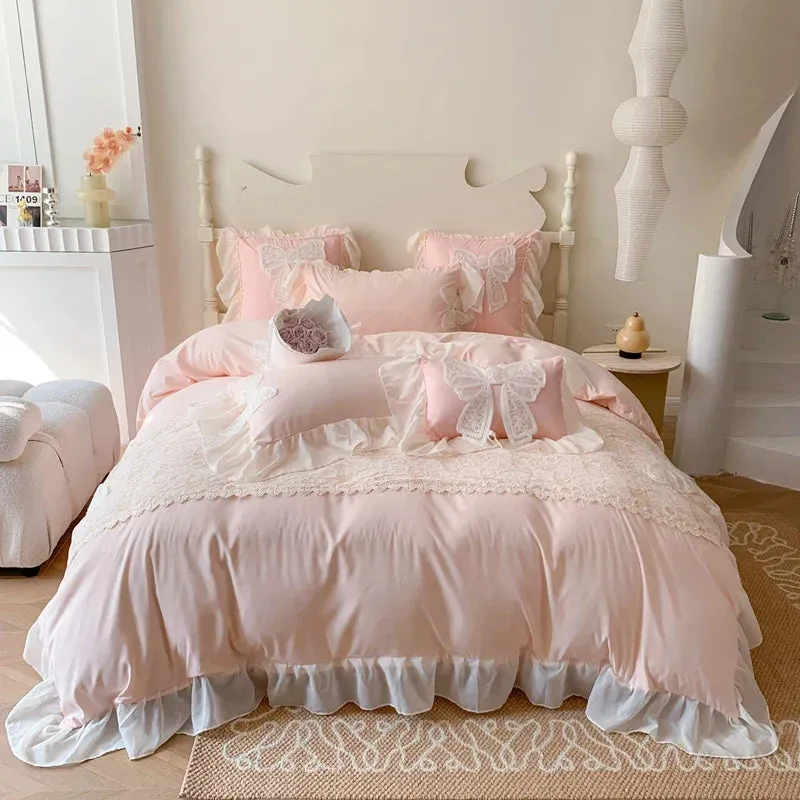 SINOTAO  -  French Romantic Lace Patchwork Ruffles With Bow Decoration Bedding Set Soft Cozy Pink Girls Duvet Cover Set Bed Sheet Pillowcase