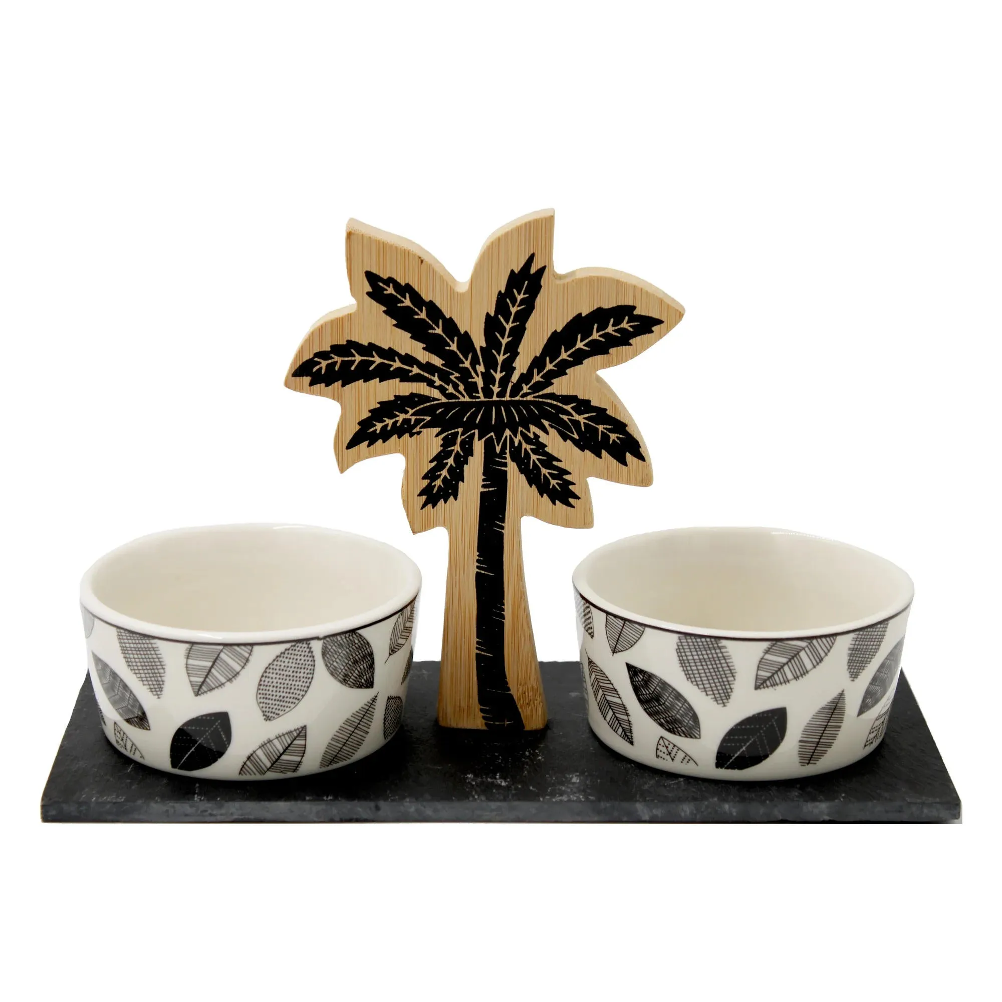 Stylish Palm Serving Set: 3PC Elegant Tray with Porcelain Bowls | Cotton Home UAE