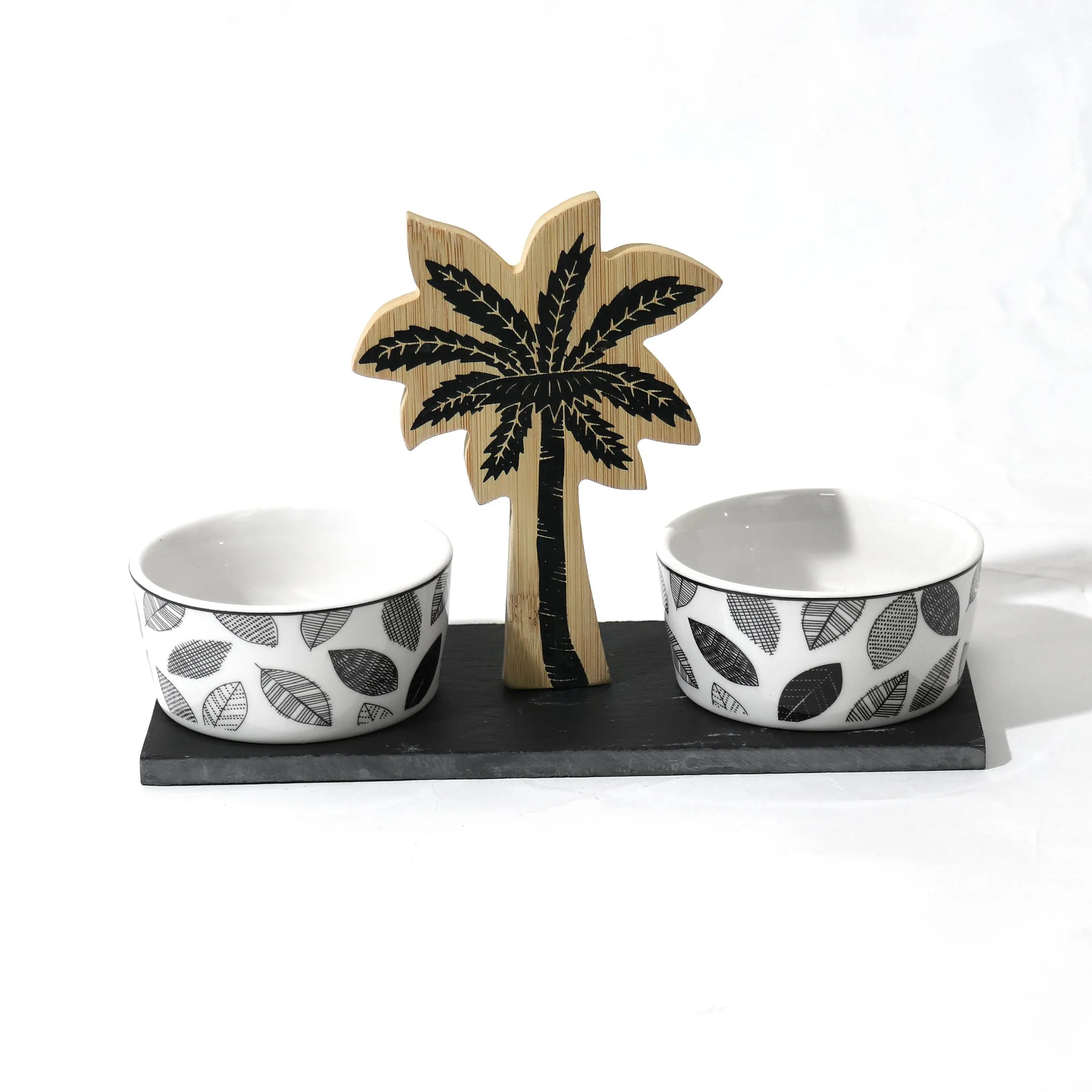 Stylish Palm Serving Set: 3PC Elegant Tray with Porcelain Bowls | Cotton Home UAE