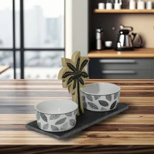 Stylish Palm Serving Set: 3PC Elegant Tray with Porcelain Bowls | Cotton Home UAE