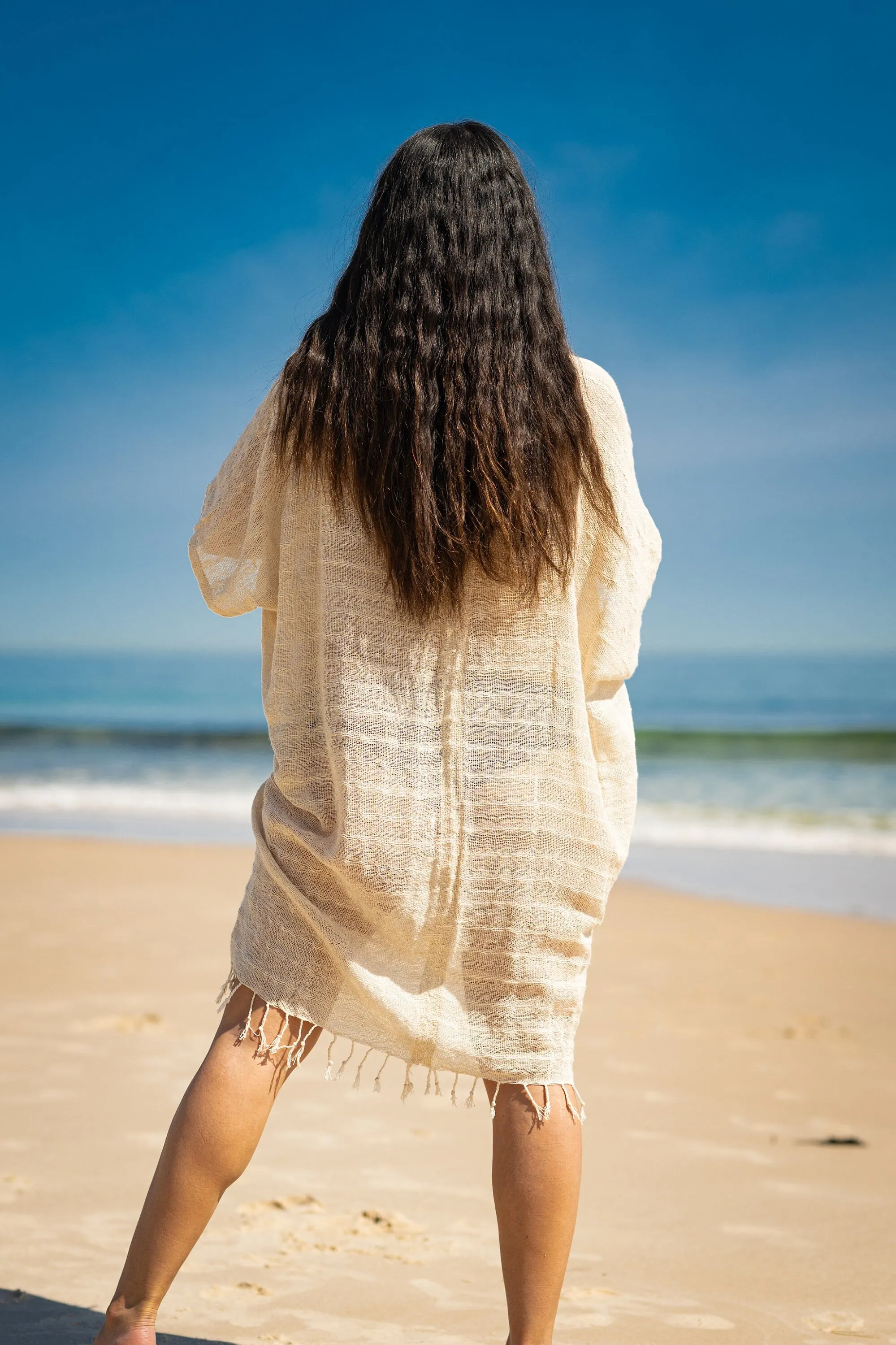 THEA Kimono Scarf Shawl Wrap Robe Bundle Set Beige White Cream Beach Festival Natural Netted Cotton See Through Soft Free Flow Boho AJJAYA