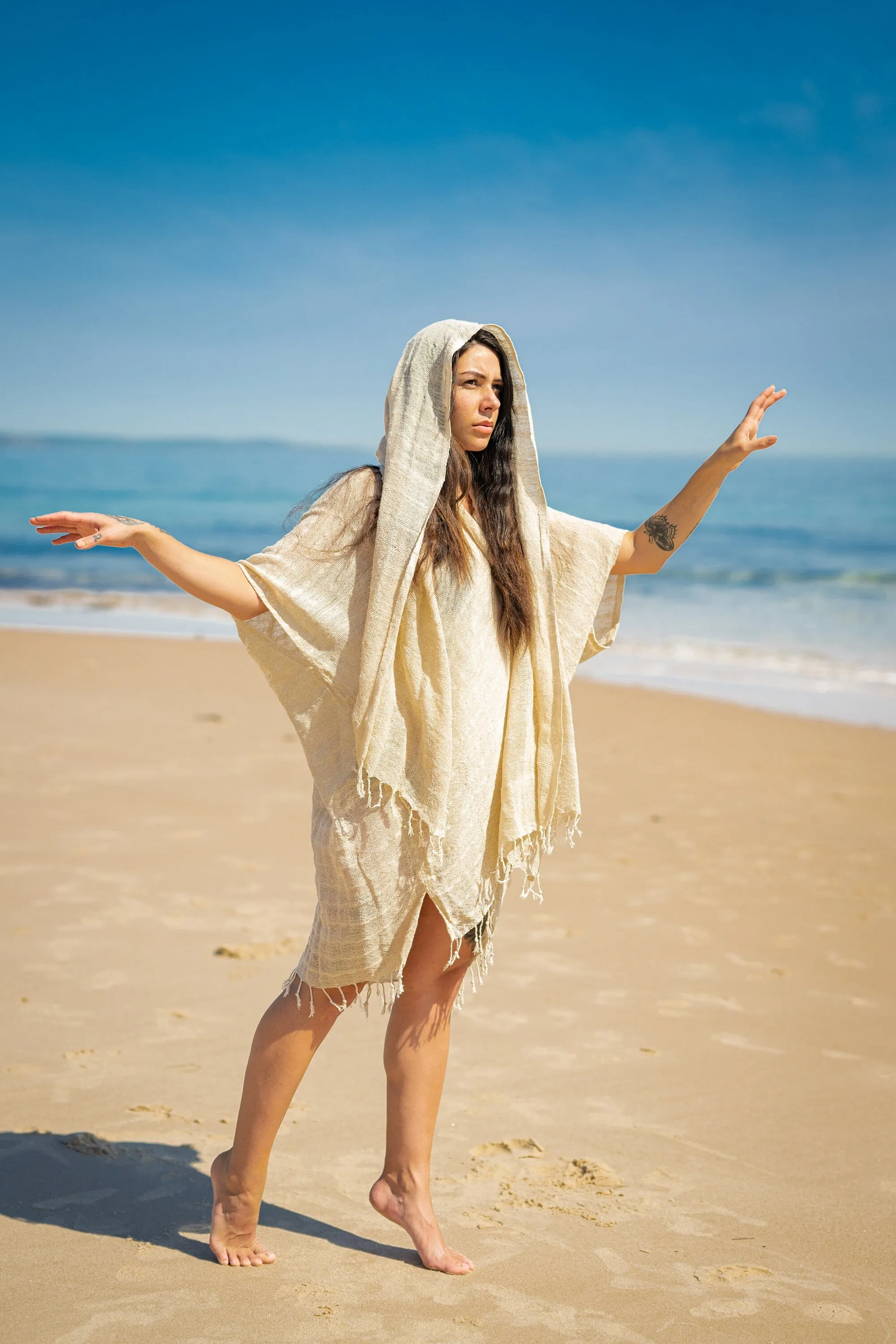 THEA Kimono Scarf Shawl Wrap Robe Bundle Set Beige White Cream Beach Festival Natural Netted Cotton See Through Soft Free Flow Boho AJJAYA