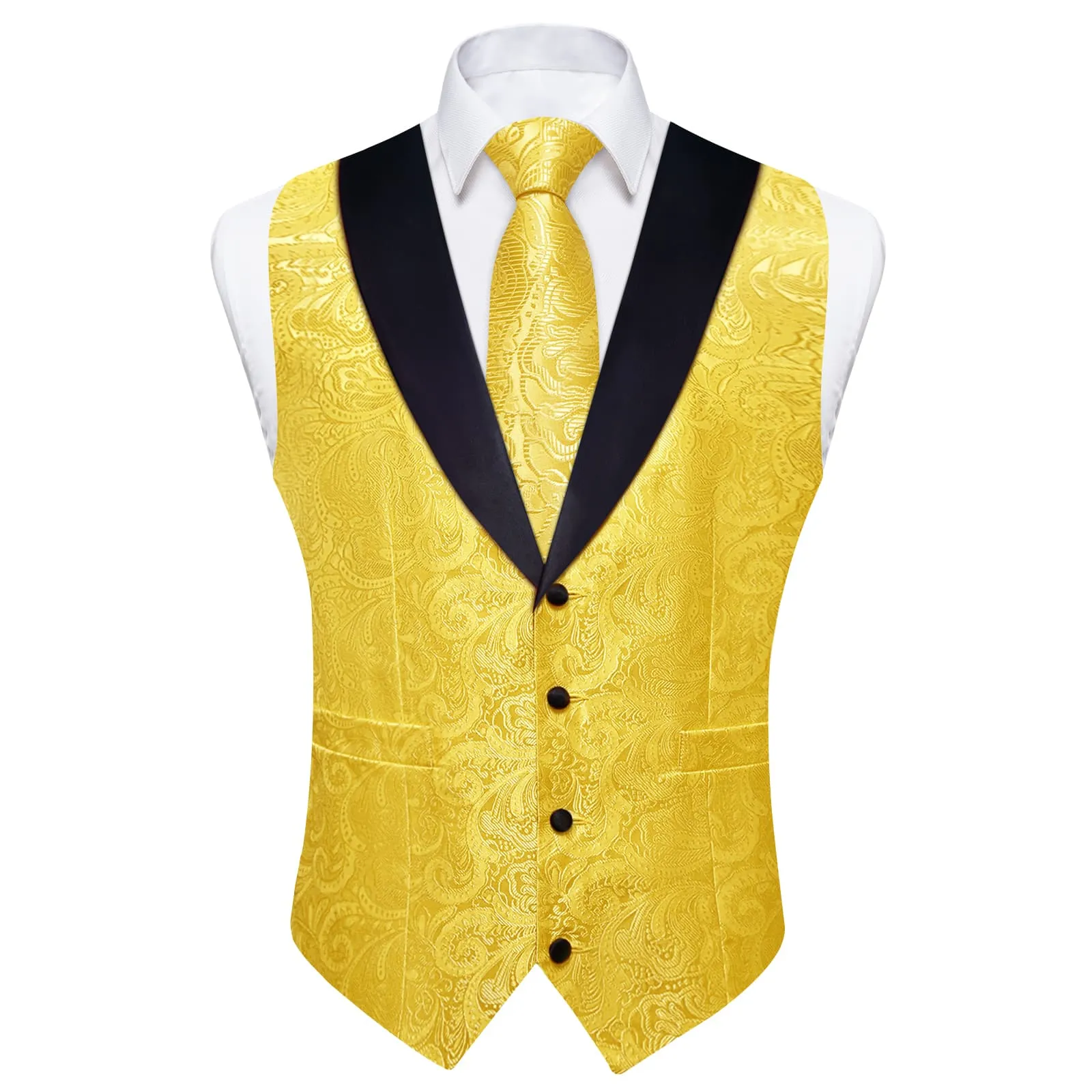 Ties2you Dress Vest Bright Yellow Floral Shawl Collar Silk Mens Waistcoat Tie Set