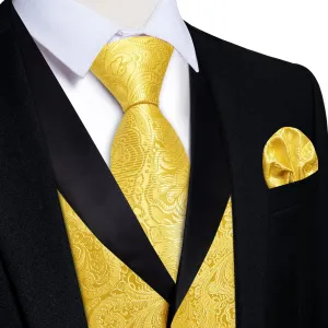 Ties2you Dress Vest Bright Yellow Floral Shawl Collar Silk Mens Waistcoat Tie Set