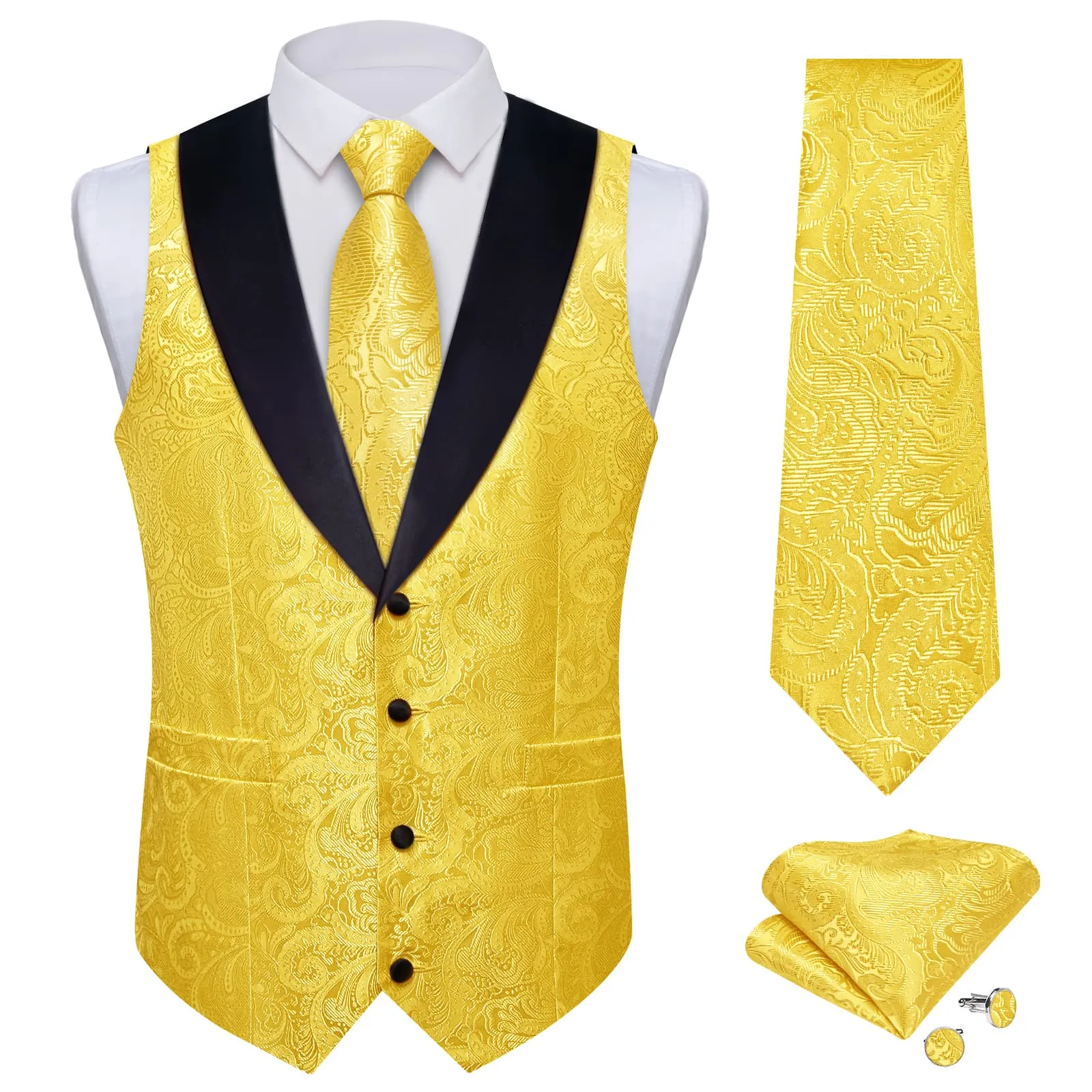 Ties2you Dress Vest Bright Yellow Floral Shawl Collar Silk Mens Waistcoat Tie Set