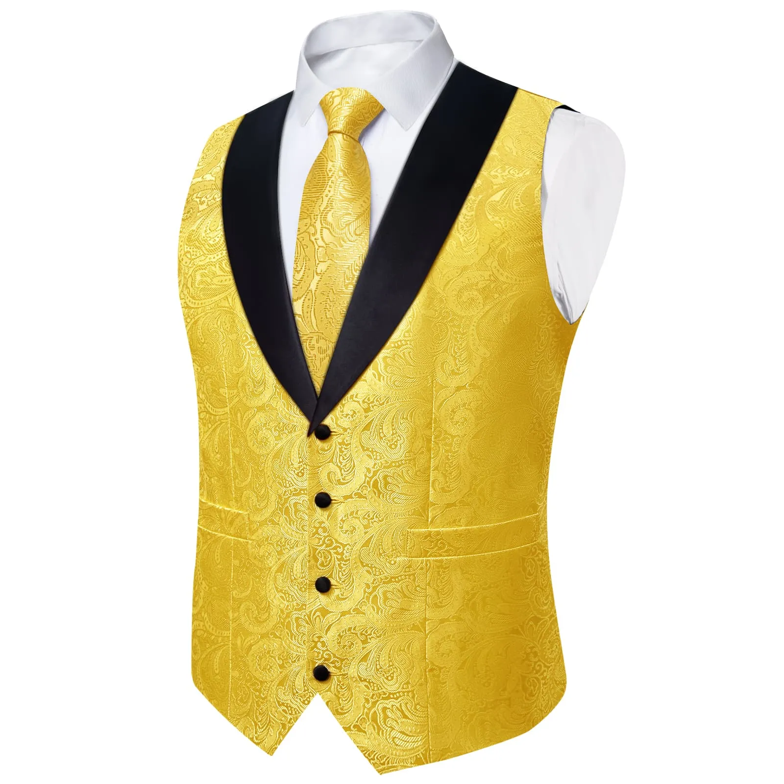 Ties2you Dress Vest Bright Yellow Floral Shawl Collar Silk Mens Waistcoat Tie Set