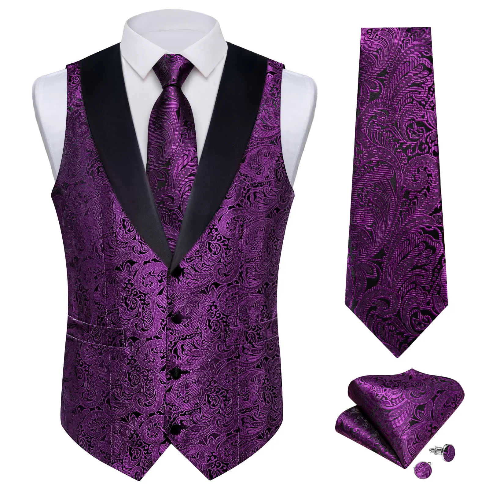 Ties2you Dress Vest Dark Purple Floral Shawl Collar Silk Mens Waistcoat Tie Set