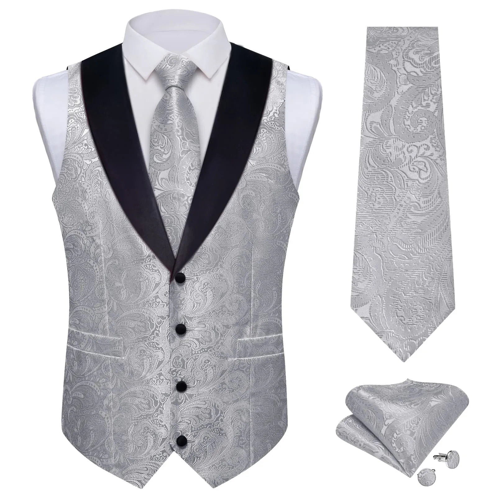 Ties2you Dress Vest Smoke Grey Floral Shawl Collar Silk Mens Waistcoat Tie Set