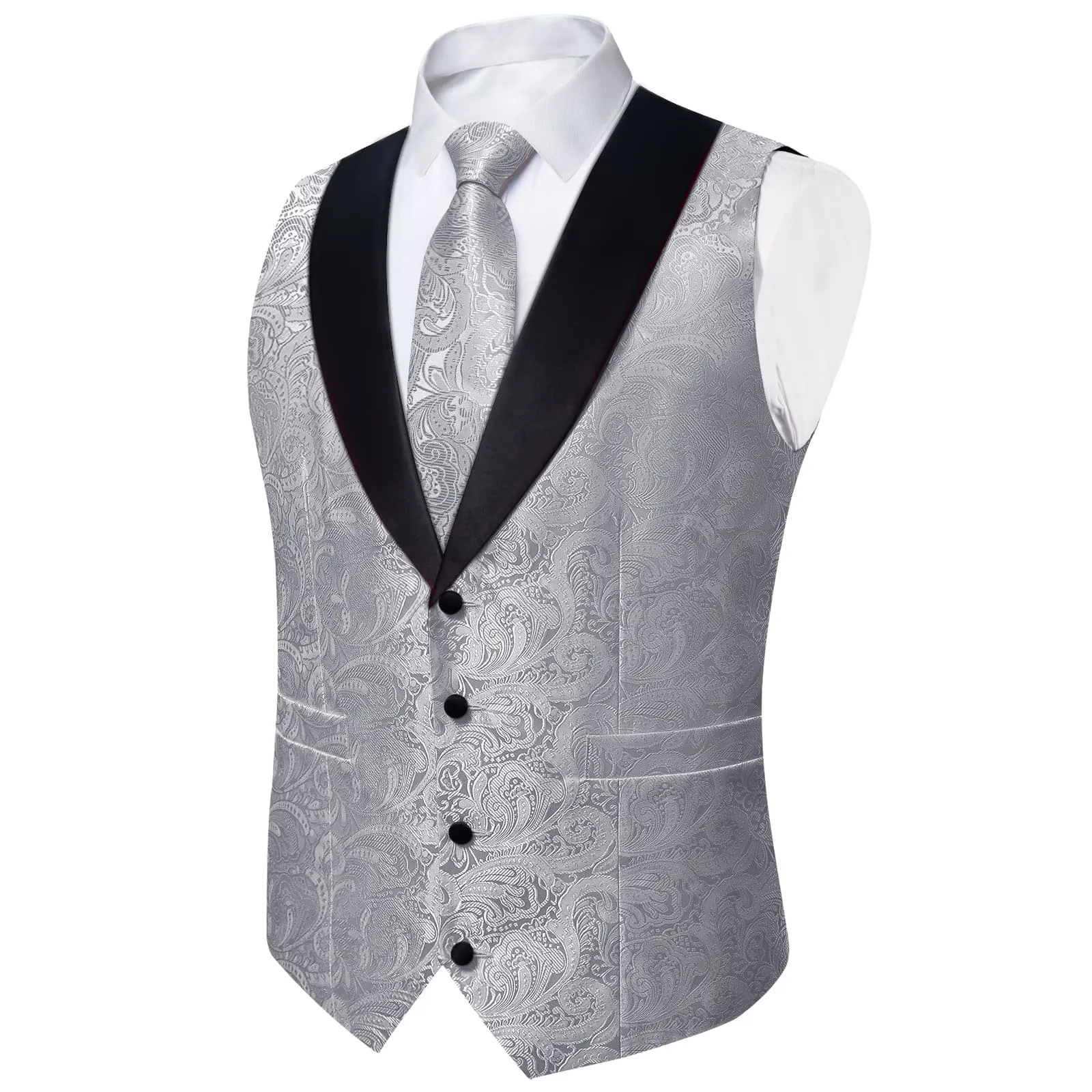 Ties2you Dress Vest Smoke Grey Floral Shawl Collar Silk Mens Waistcoat Tie Set