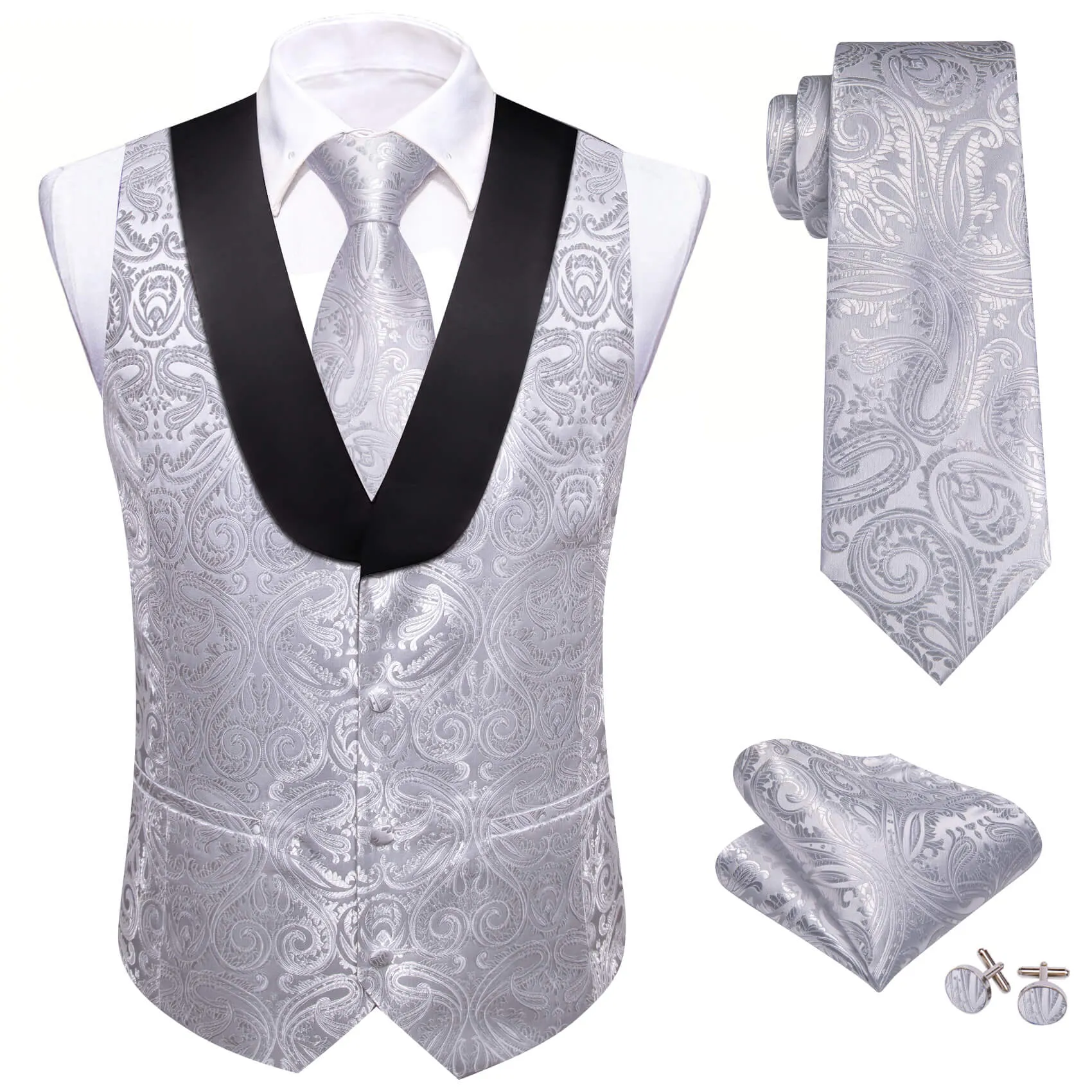 Ties2you Shawl Collar Vest Light Gray Paisley Silk Men's Vest Tie Set