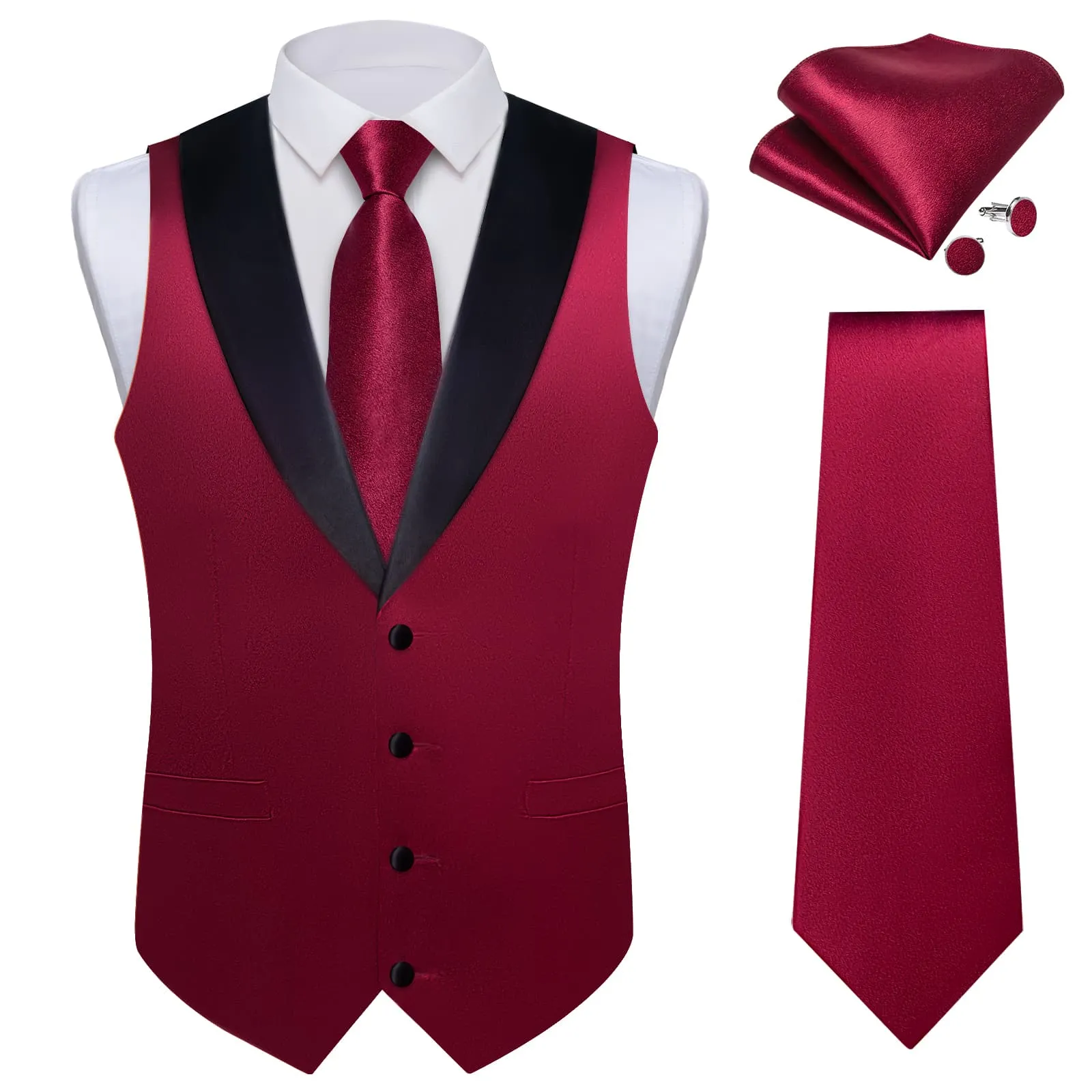 Ties2you Work Vest Shining Dark Scarlet Red Solid Shawl Collar Silk Wedding Mens Vest Tie Set