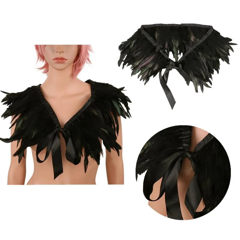 Victorian Real Natural Feather Shrug Shawl Shoulder Wrap Cape Gothic Collar with Ribbon Ties Cosplay