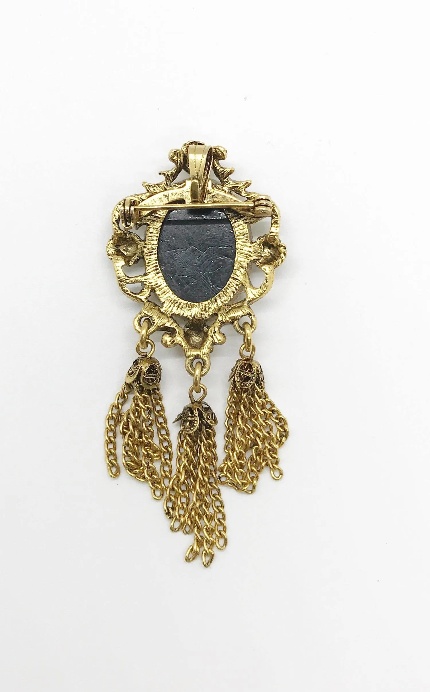 Vintage Black Mosaic and Gold Tassel Brooch/Pendant