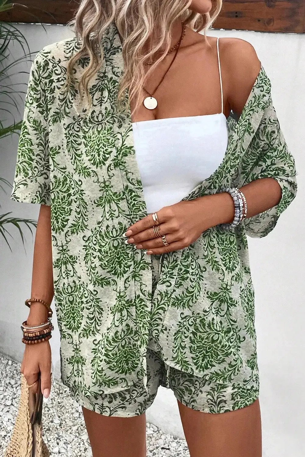 Vintage Floral Open Top and Shorts Set Green Boho Chic Outfit