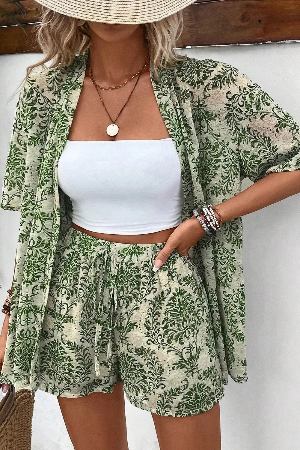 Vintage Floral Open Top and Shorts Set Green Boho Chic Outfit