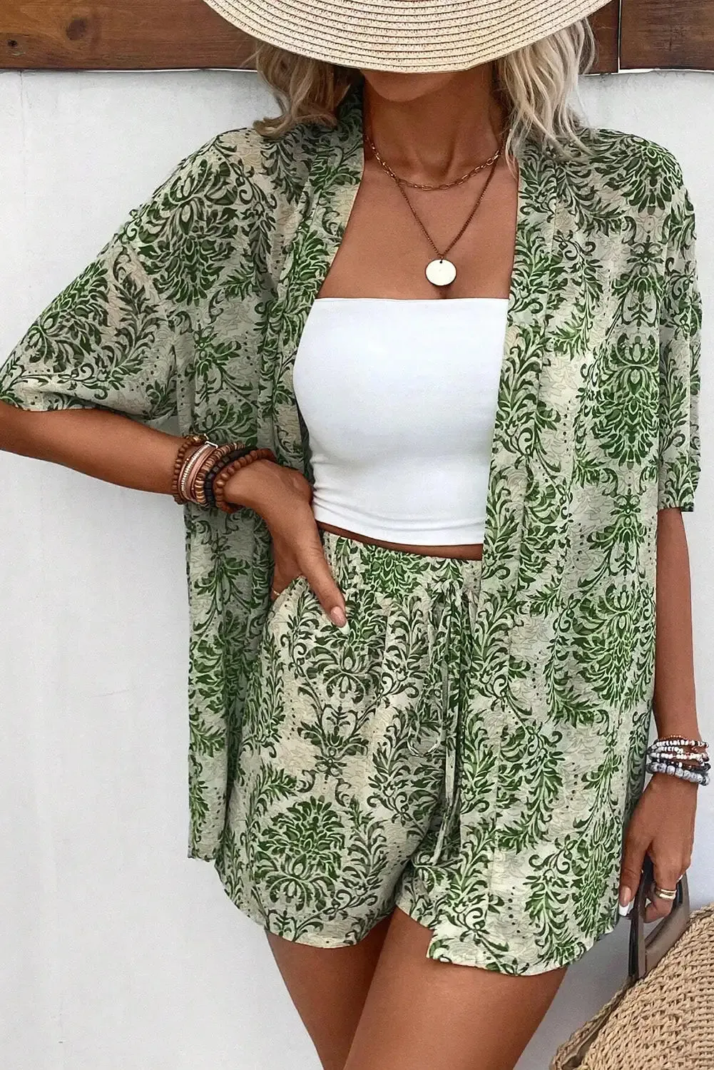 Vintage Floral Open Top and Shorts Set Green Boho Chic Outfit