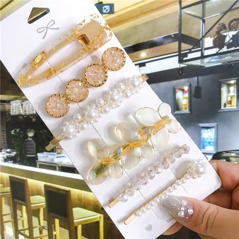 Wenkouban 6pcs Hair Accessories for Women Acrylic Hair Clip Pins Set Big Crystal Pearl Starfish Geometric Gold Headwear Girl Barrette 2022