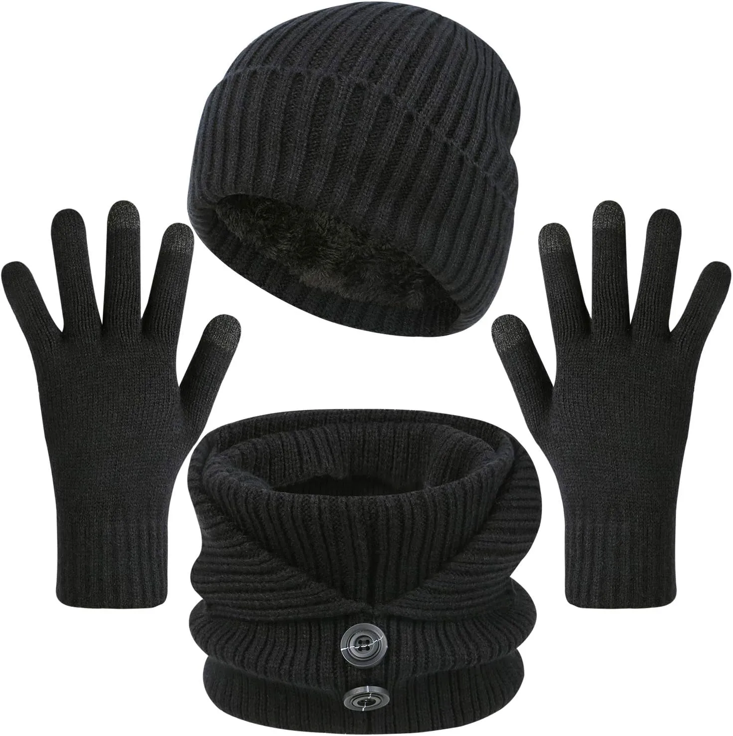 Winter Hats Scarf Touch Screen Gloves Set Gifts Warm Thick Knit Beanie Hat and Gloves for Women Men Black