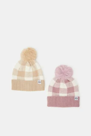 Women Beige And Pink knitted Cap Set (2 Piece)