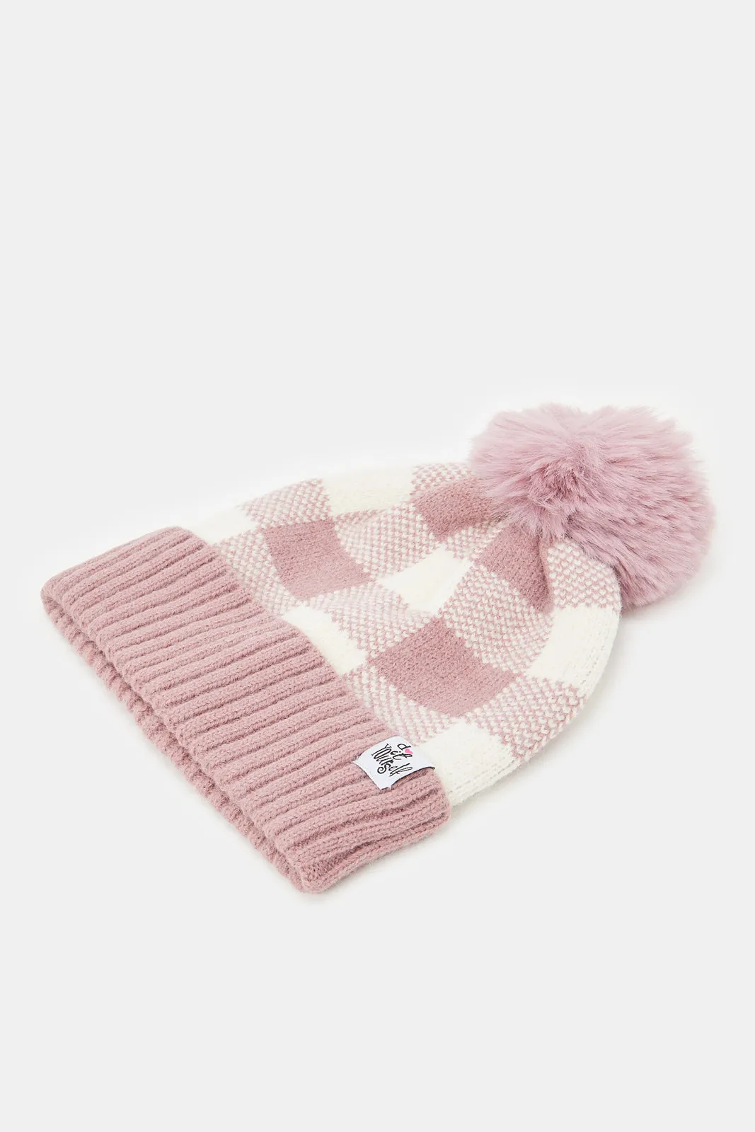 Women Beige And Pink knitted Cap Set (2 Piece)